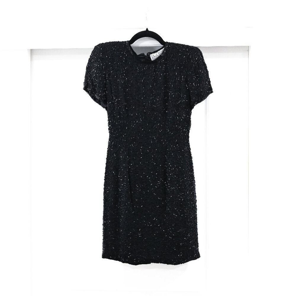 Vintage AJ Bari Size XS Petite 100% Silk Sequin Black Dress
